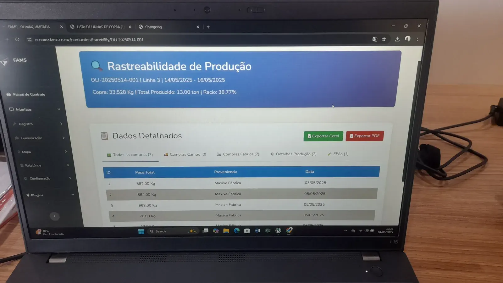 Página de rastreabilidade do lote